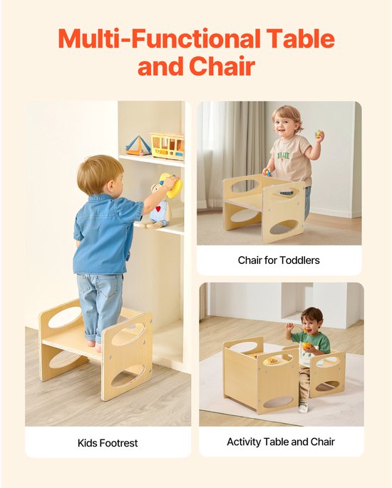 Een kind staat op een lage stoel als kinder voetbankje. Twee kinderen zitten aan een tafel met stoel. Een kind eet. De set is naturel hout.