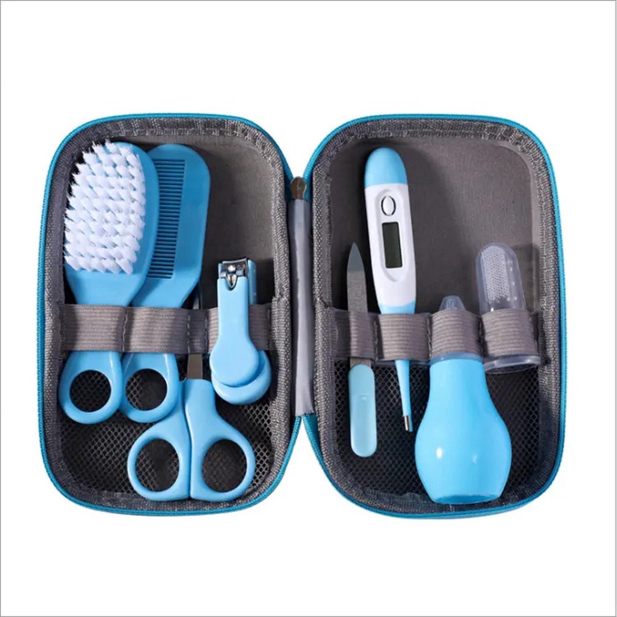 Image of 8 Delig Baby Verzorgingsset - Kam Borstel - Nagelschaar Vijl - Thermometer - Blauw