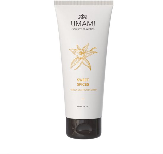 Umami Sweet Spices douchegel tube, vanille & saffraan geurend, met een tekening van een vanillebloem.