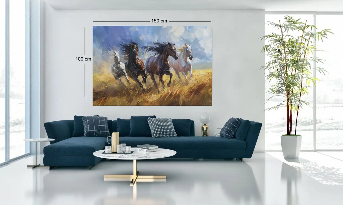 Trendex Global Canvas Schilderij Rennende Paarden – Kunst aan de Muur – 120x80 cm – Dierenkunst Bruin