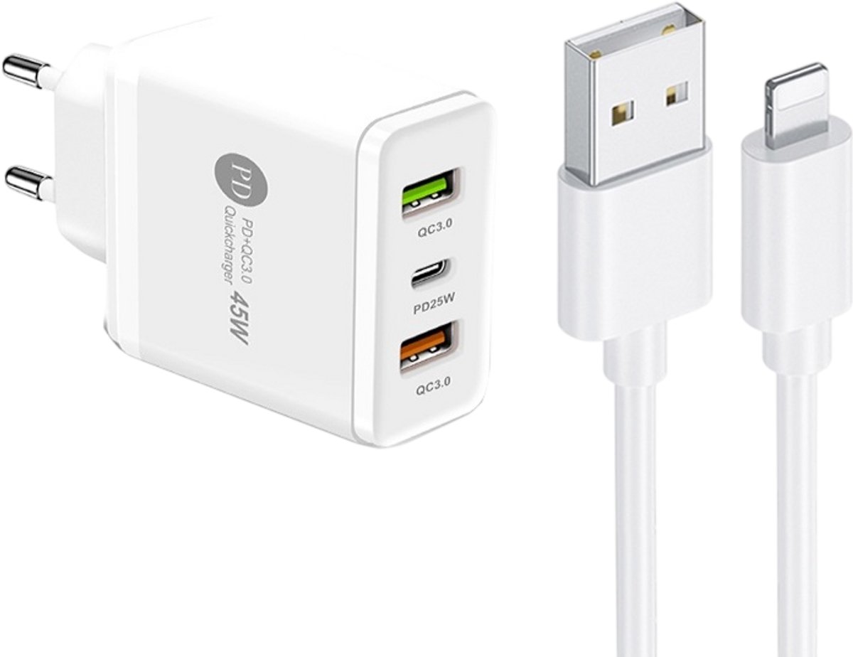 45W USB Oplader met PD25W + 2X QC3.0 Snellaadpoorten Adapter Lader - Snellader - Incl. 1M USB naar 8-Pin Kabel - geschikt voor iPhone en iPad - wit