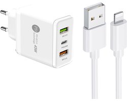45W USB Oplader met PD25W + 2X QC3.0 Snellaadpoorten Adapter Lader - Snellader - Incl. 1M USB naar 8-Pin Kabel - geschikt voor iPhone en iPad - wit