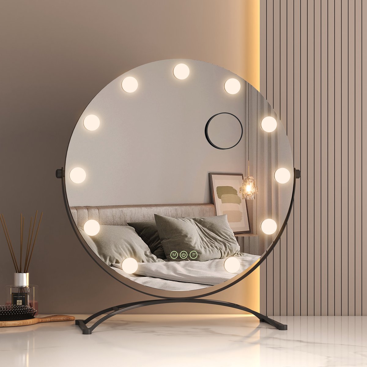 EMKE Make Up Spiegel met Verlichting - 360° Draaibaar - 3 Lichtstanden - Touch & Dimbaar - 7x Vergroting - Rond - Zwart - 50cm