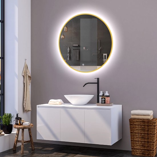 Miroir de salle de bain rond Mauri or mat avec chauffage, éclairage LED et capteur tactile 60x60cm