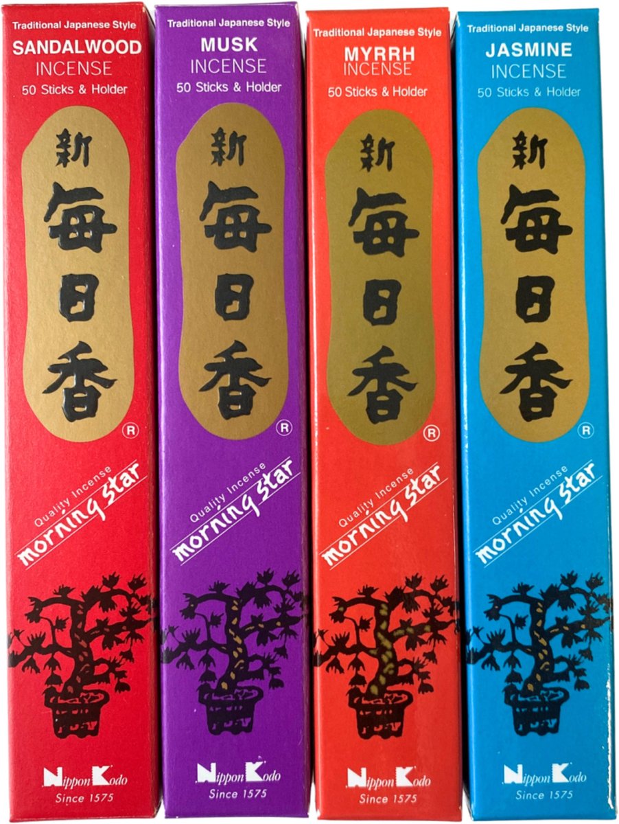 Morning Star 4-pack wierook stokjes - Jasmijn - Mirre - Musk - Sandalwood Multi
