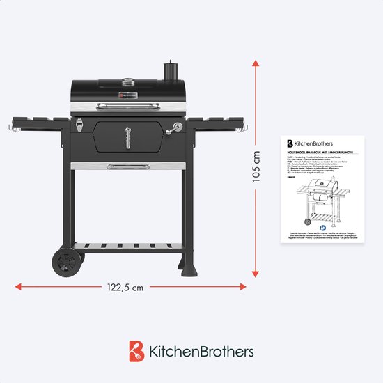 KitchenBrothers Houtskool BBQ - Smoker Barbecue - Verstelbaar Kolenrooster - PFAS Vrij - 42x57cm Grilloppervlak - Zijpanelen - Zwart