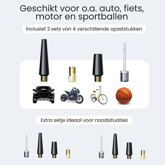 Siltcon® Luchtcompressor Bandenpomp - Tot 10.5 Bar - 8000 mAh Powerbank - Elektrische Fietspomp – Compressor - Bandenpomp – O.a. Fiets, Auto, Scooter, Bal en Luchtbed – Oplaadbaar – 30l/min – SOS Lamp - Noodpakket - Incl. 8 Opzetstukjes en Opberghoes — afbeelding 4