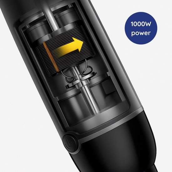 Detail van de motor in een zwarte staafmixer. "1000W vermogen."
