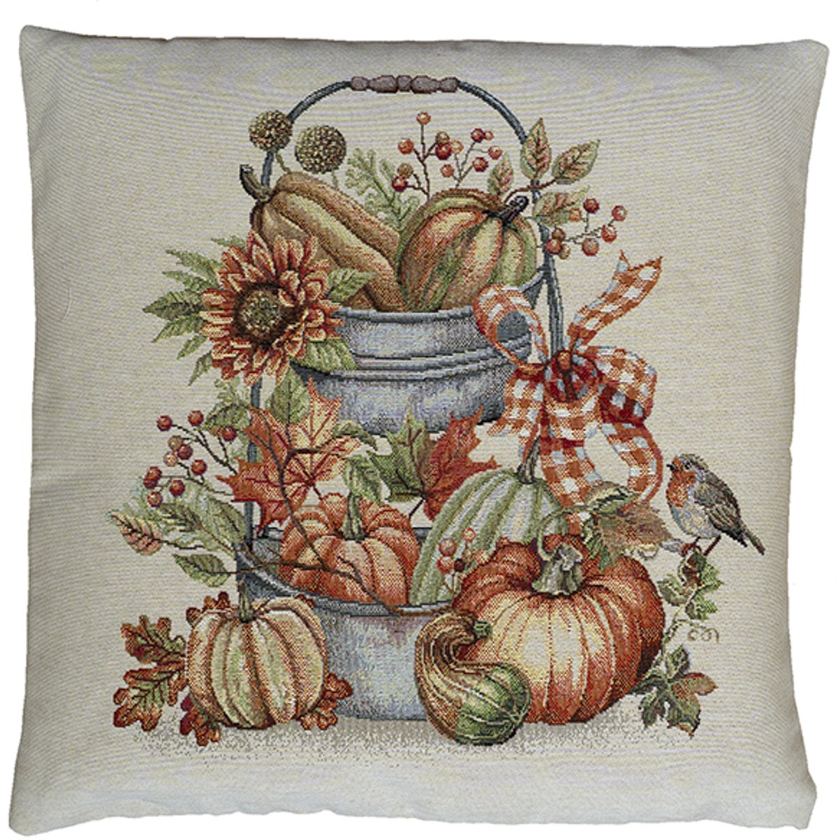 Kussenhoes - Luxe gobelinstof - Herfst tafereel - Pompoenen - Roodborstje – 45 x 45 cm