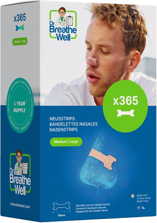 Dr. Breathe Well ™ - 365 Neuspleisters - Maat 66mm medium/large - Anti Snurk Pleisters - 365 Neusstrips - Sterke kleefstof - Eenvoudig te verwijderen - Simply the right choice!