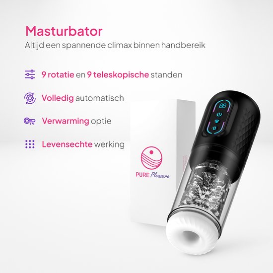 Zwarte masturbator met transparant deel en digitale display. Een doosje met 'Pure Pleasure' logo staat ernaast.