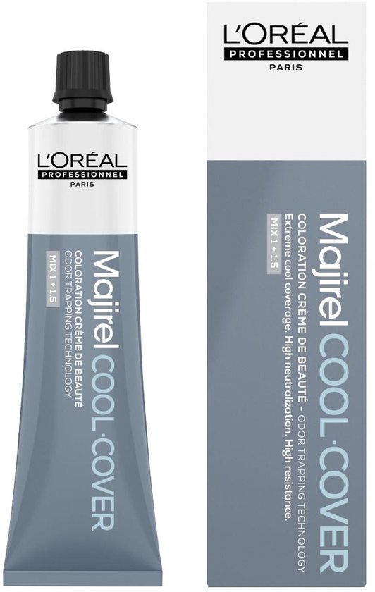 Tube de crème colorante L'Oréal Majirel Cool Cover avec boîte. Gris avec des accents blancs. "Majirel COOL COVER"