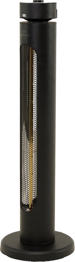 Zwarte staande torenverwarmer met ronde voet en gouden gloeiende verwarmingselementen zichtbaar.