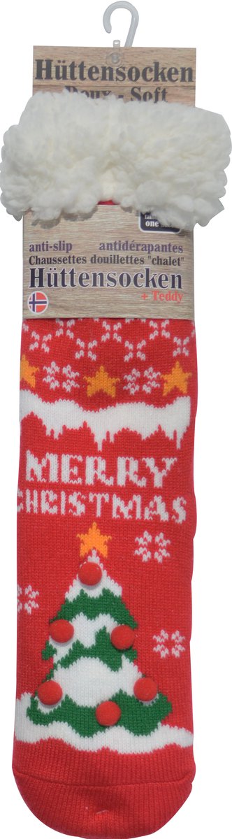 Kerst sokken - Happy Holidays - warme huttensocken mét anti slip - onze size - ROOD MET KERSTBOOM