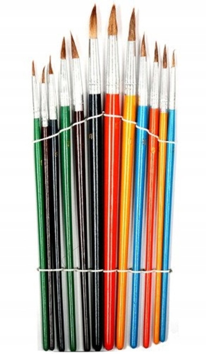 Titanum Serie - Kegelpenselen voor Aquarelverf - 12 stuks - Houten Handgrepen - Kleurrijk - Geitenhaar