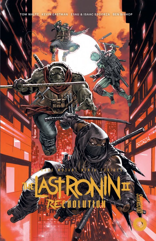 De Teenage Mutant Ninja Turtles, The Last Ronin II - Re-Evolution, met stripfiguren die springen in een stedelijke nachtelijke omgeving.