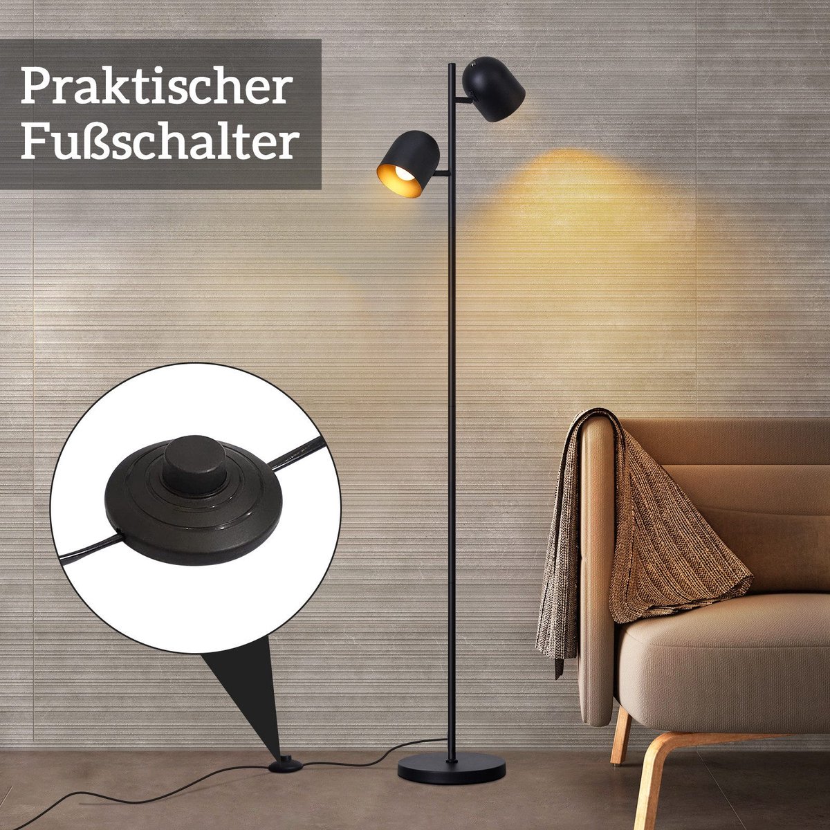 NETTLIFE Vloerlamp E14 - 2-lichts, zwart/goud, draaibaar thumbnail 5