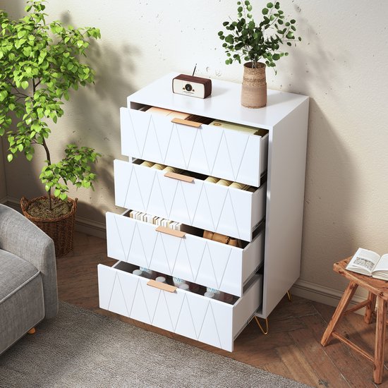 Buffet 4 tiroirs, commode, commode, meuble d'appoint, meuble étroit pour salon, chambre, couloir 60x34x90cm, blanc