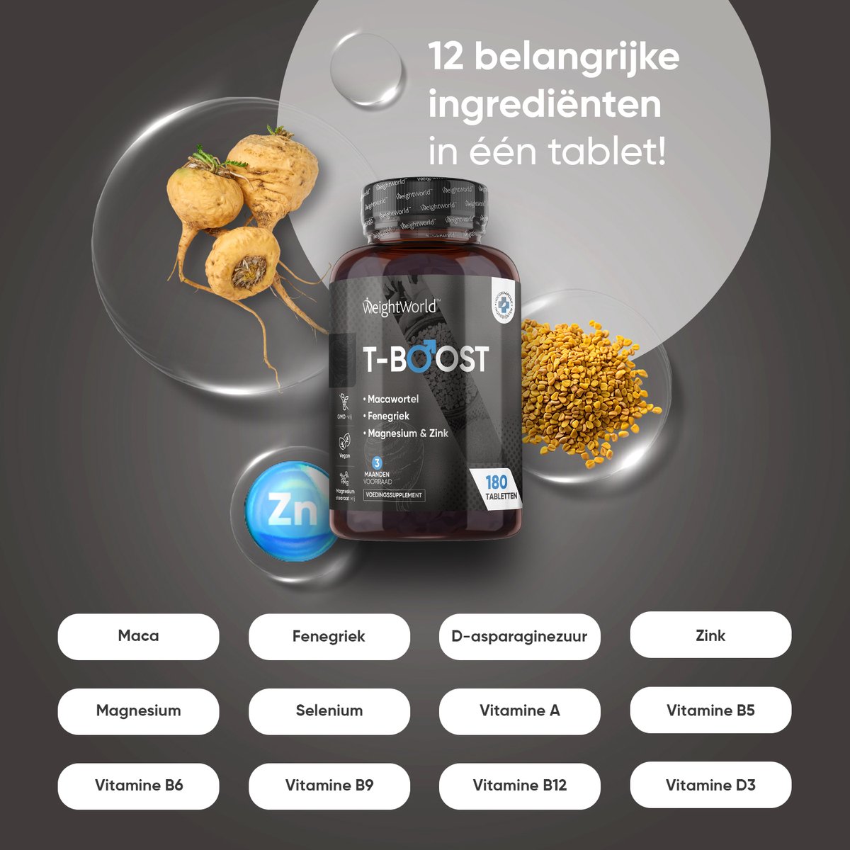 WeightWorld Natuurlijke Testosterone Booster voor Mannen - Met Maca, Magnesium, Zink en Vitamine D3 - 180 vegan tabletten voor 3 maanden - Draagt bij aan normale testosterongehalten — afbeelding 3