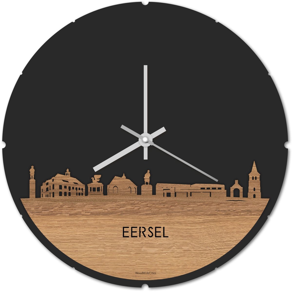 Skyline Klok Rond Eersel Eikenhout - Ø 44 cm - Stil uurwerk - Wanddecoratie - Meer steden beschikbaar - Woonkamer idee - Woondecoratie - City Art - Steden kunst - Cadeau voor hem - Cadeau voor haar - Jubileum - Trouwerij - Housewarming -