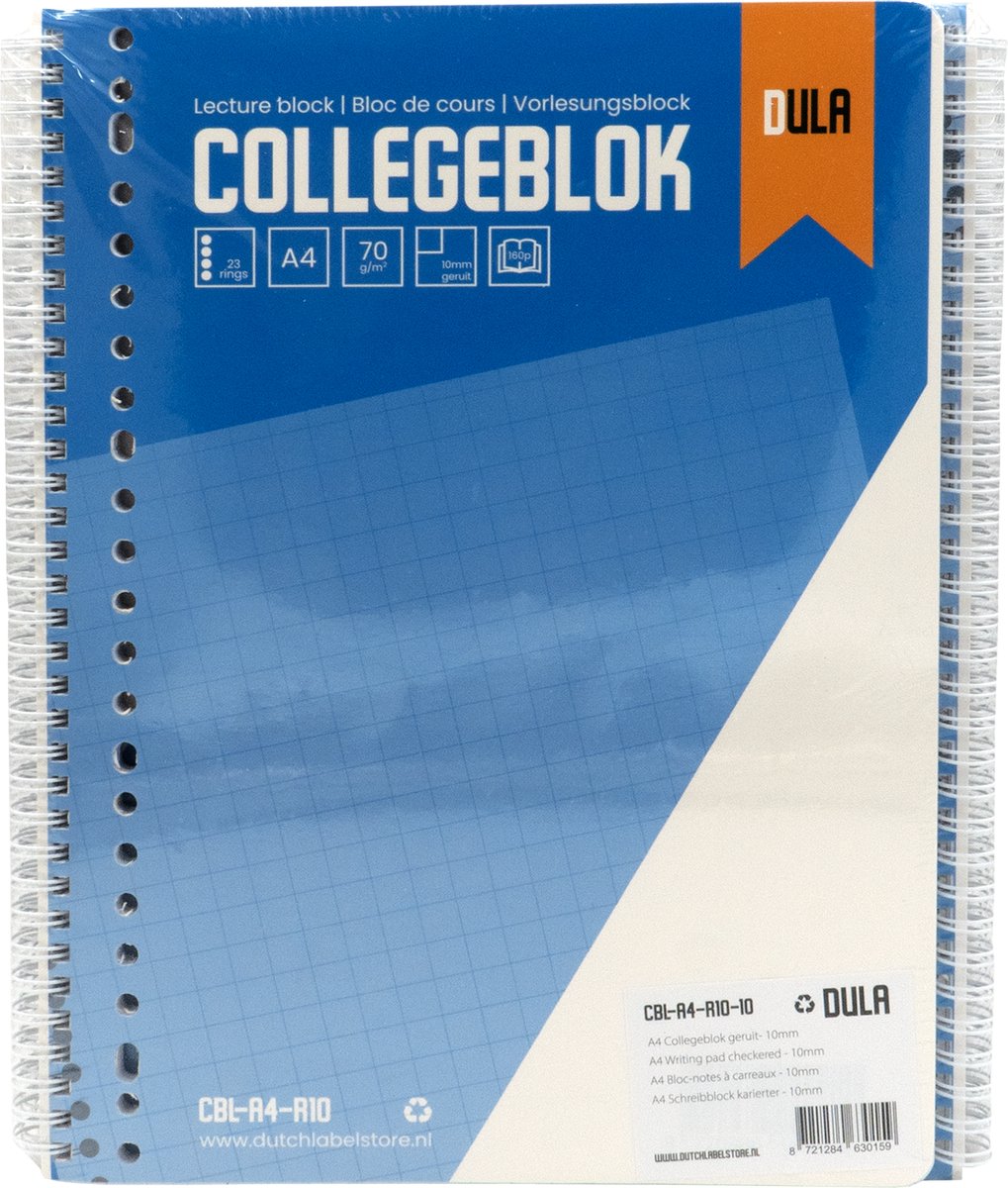 Collegeblok A4 formaat met ruit 10mm 160 vel - Spiraalblok groot geruit - 70 grams papier schrijfblok - 10 stuks - DULA