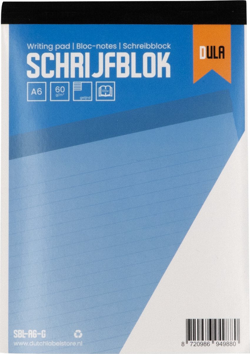 Schrijfblok A6 formaat met lijn 100 vel - Notitieblok gelinieerd - 60 grams papier - 10 stuks - DULA