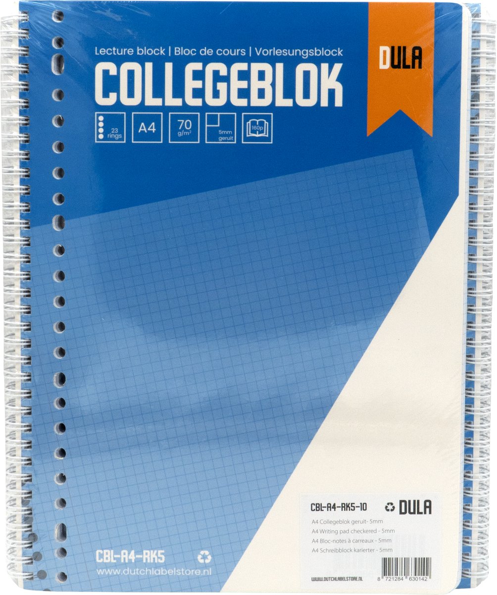 Collegeblok A4 formaat met ruit 5mm 160 vel - Spiraalblok klein geruit - 70 grams papier schrijfblok - 10 stuks - DULA