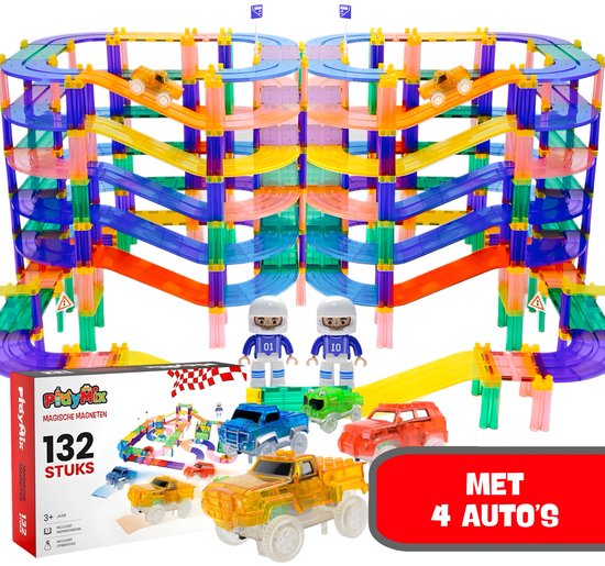 PlayMix Magnetic Tiles Racebaan - 132 Stuks - Magnetisch Speelgoed - Bouwspeelgoed - Bouwblokken - Magna - Magneten Speelgoed - Magnetische Tegels - Bouwstenen - Montessori Speelgoed - Educatief Speelgoed - Jongens & Meisjes