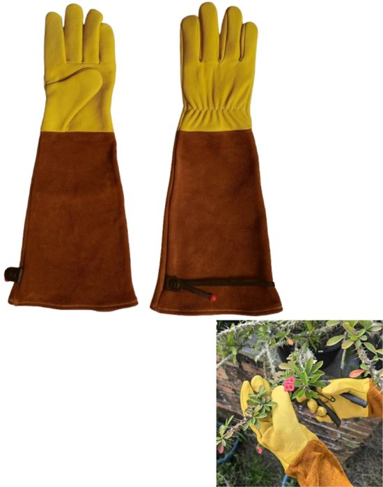 Lange gele tuinhandschoenen met bruine onderarmen, een rood detail en verstelbare band.