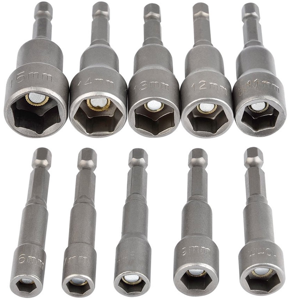 TRANKIELO® - Dopsleuteladapters Set van 10 – Magnetisch – Geschikt voor Zeskant Boormachine – Maten 1/4 Inch 6-15 mm – Chroom-Vanadiumstaal
