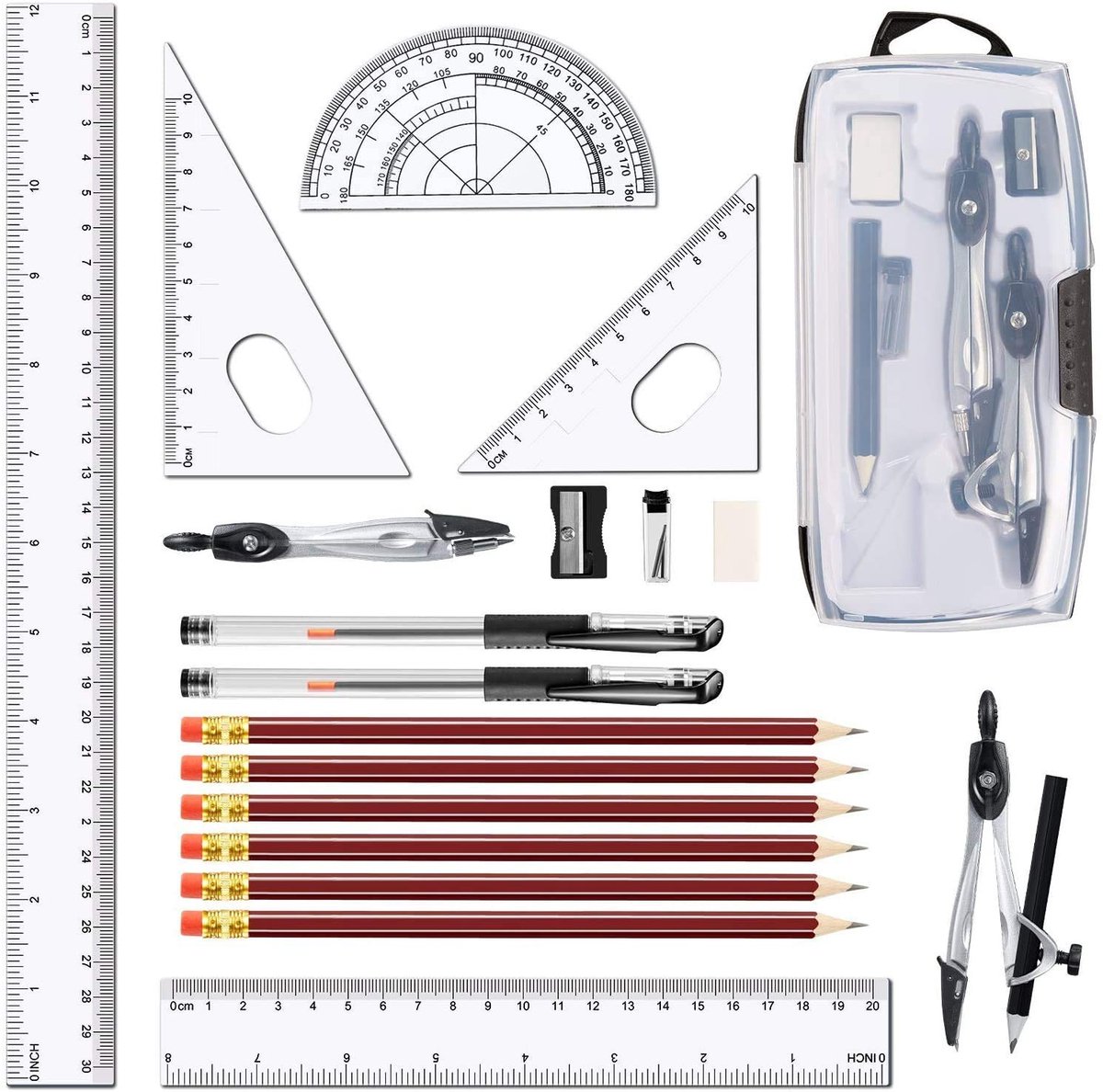 TRANKIELO® – 20-Delige Geometrische Kompas Set – Wiskundige Gereedschappen – Duurzaam Kunststof – Max Diameter 30cm