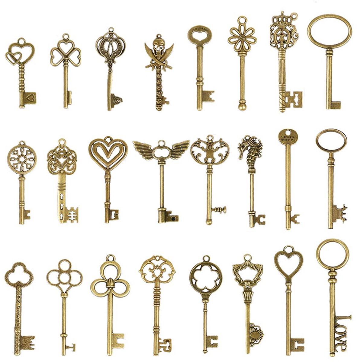 TRANKIELO® - Vintage Bronzen Skeletsleutels Set – 24 stuks – Antieke Sleutelhangers – Ideaal voor DIY, Accessoires en Sieraden Creatie
