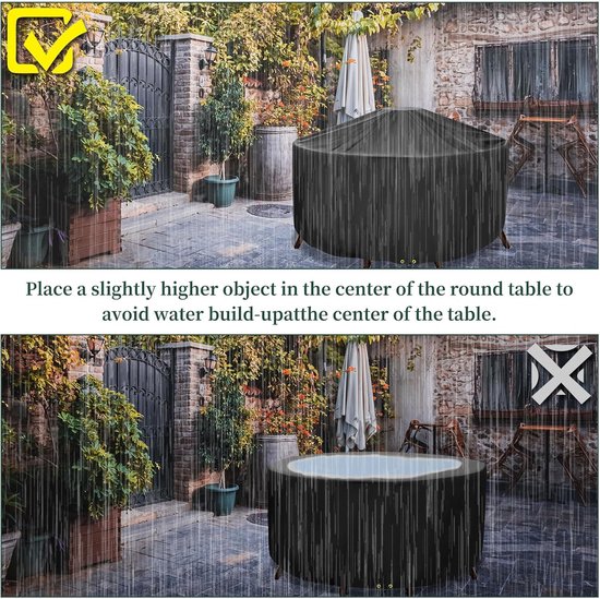 Zwarte ronde tafelhoes met regen. Illustreert hoe een object in het midden waterafvoer bevordert.