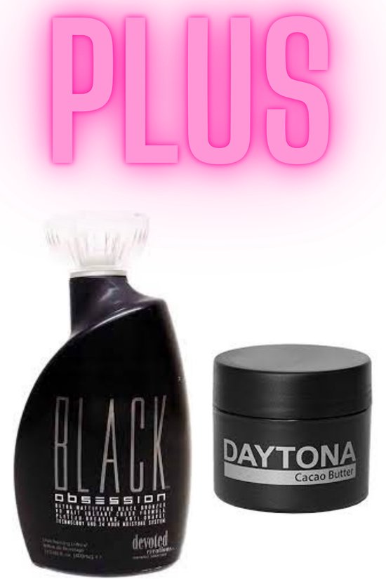 Flacon noir 'BLACK Obsession' et pot 'DAYTONA Cacao Butter'. Grande inscription rose 'PLUS'.