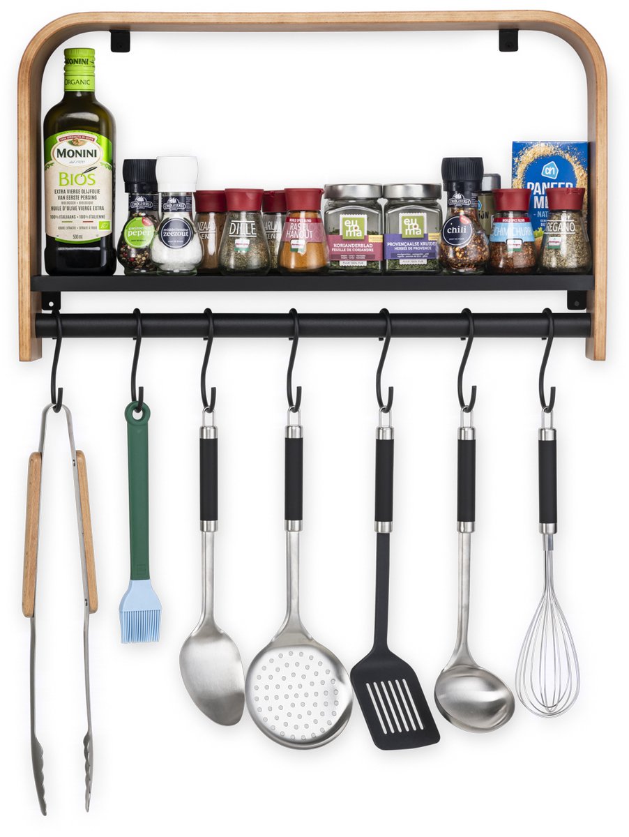 Kos Design - Wandplank - Kruidenrek - Kapstok - Keuken - Keukenplank voor aan de meur - Rails met 7 haakjes - 60x35x11 cm - Donker/Zwart