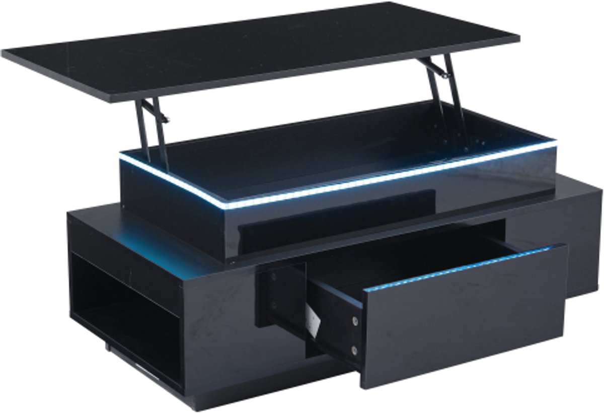 Salontafel, in hoogte verstelbare salontafel met verborgen opbergruimte en lade, 96*45*40cm hoogglans woonkamertafel, LED-sofatafel, geschikt voor kantoor, studeerkamer, zwart