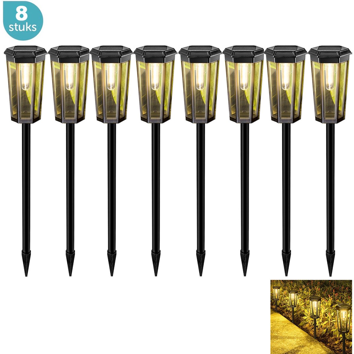 Luxe Solar Tuinverlichting (Set van 8) - Tuinlampen op Zonne-energie - Staande Priklampen Buiten - Warm Goudgeel Licht - Zwart