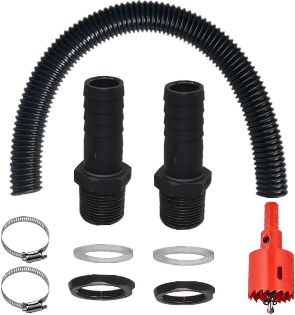 Ik stel voor om de titel als volgt aan te passen:Connection Kit for Rain Barrels - 1 m Hose, 2 Hose Supports, 2 Sealing Rings, 2 Tube Clamps, Holes Opener