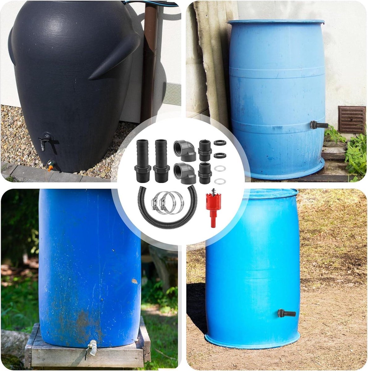 25 mm (1 inch) Rain Barrel Connection Set with 50 cm Hose and 2 External Thread Penetrations - for Rain Barrel Cistern Water Tank - Incl. Lock Nut & Mounting Accessories