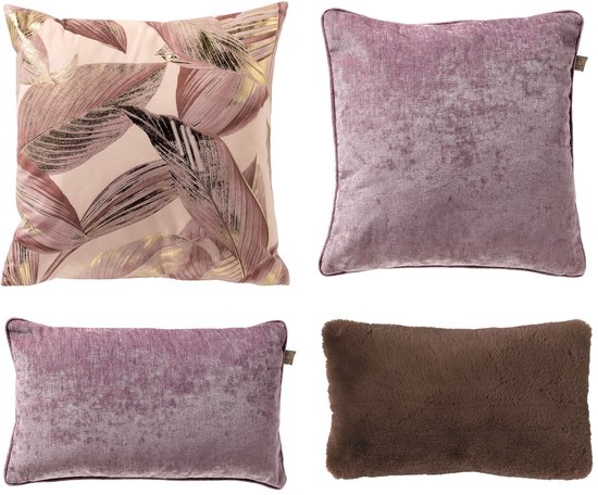 Set van 4 sierkussens - roze - bruin - paars - Maysa - Lewy - Zaya - 60x60 cm - 45x45 cm - 30x50 cm - Dutch Decor - Incusief binnenkussens