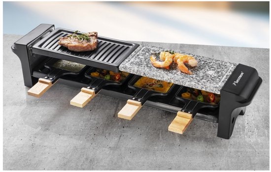 Bestron elektrische Gourmetstel, Raclette voor maximaal 4 personen, krasbestendige natuurlijke grillsteen & bakplaat met antiaanbakplaag, inclusief 4 pannen, 4 spatels & 4 Onderzetter, 650 Watt, kleur: zwart/hout. — afbeelding 4