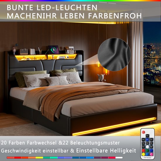 Lit double noir en PU avec tête de lit, éclairage LED réglable et rangement.