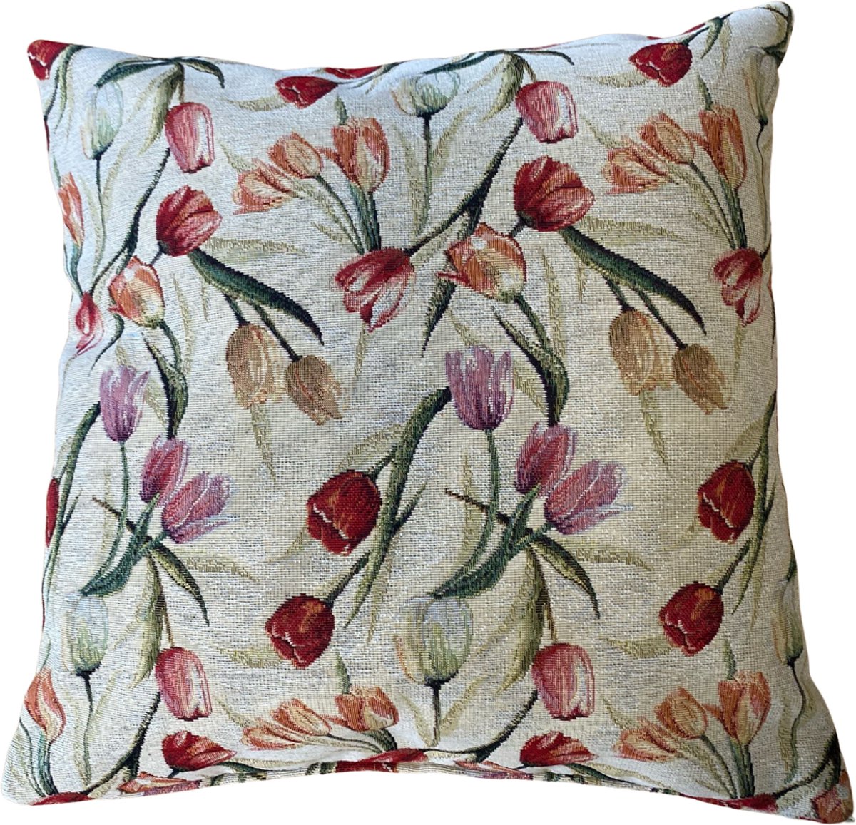 Kussenhoes - luxe gobelinstof - Tulpen - Tulipanes - Rood - Geel - Oranje - 45 x 45 cm