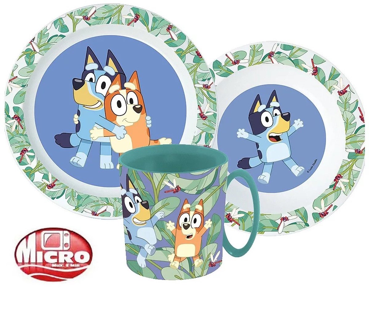 Bluey leaves - ontbijtset - beker, bord, bakje - 3 delig - kinderservies - beker met oor (265ml)