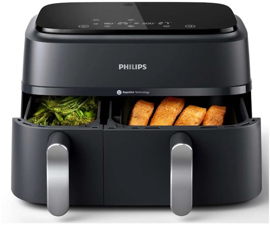 Philips 3000 Series Dual Airfryer - NA351/00 - Dubbele Mand - 9L - Tot 6 Personen - Zwart/Zilver