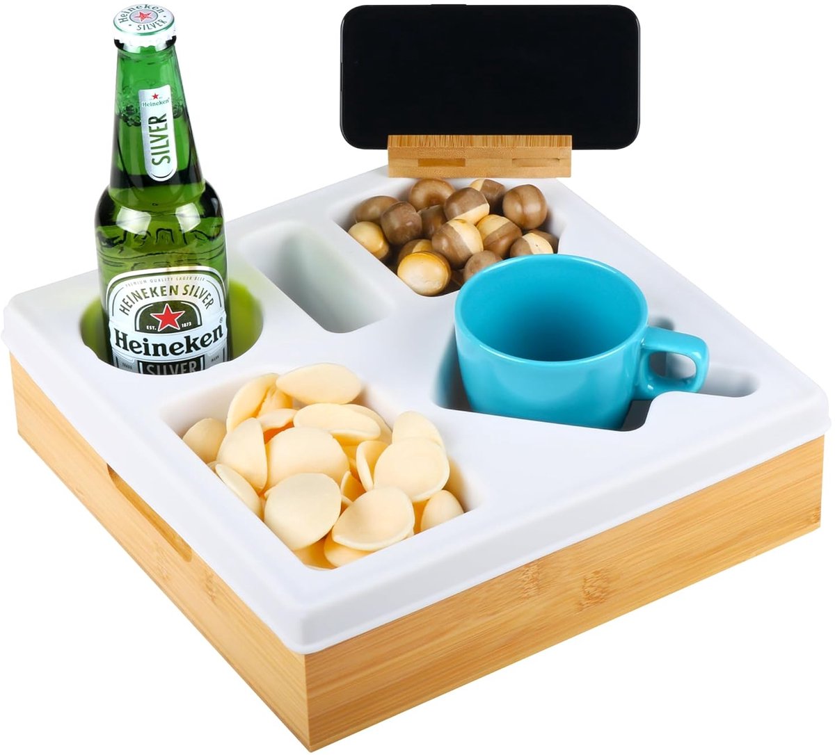 Bamboehouten bankbar - snackbox - multifunctioneel - 5 vakken