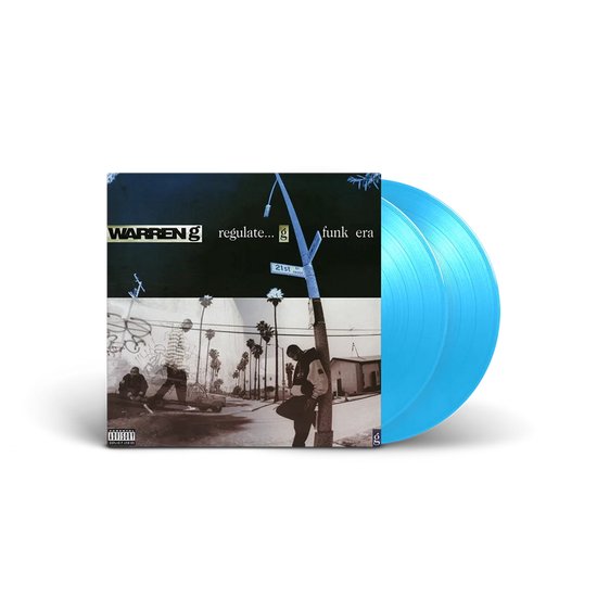Albumhoes van Warren G's 'Regulate...G Funk Era' met lichtblauwe vinyl. Tekst op hoes: 'Warren G', 'regulate...g funk era'.
