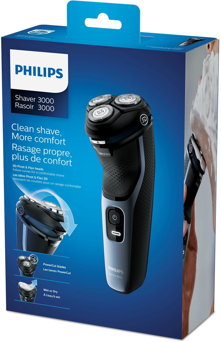 Rasoir électrique Philips Series 3000 - 100% étanche, 3 Têtes Rotatives, Rechargeable, Neuf (ouvert)
