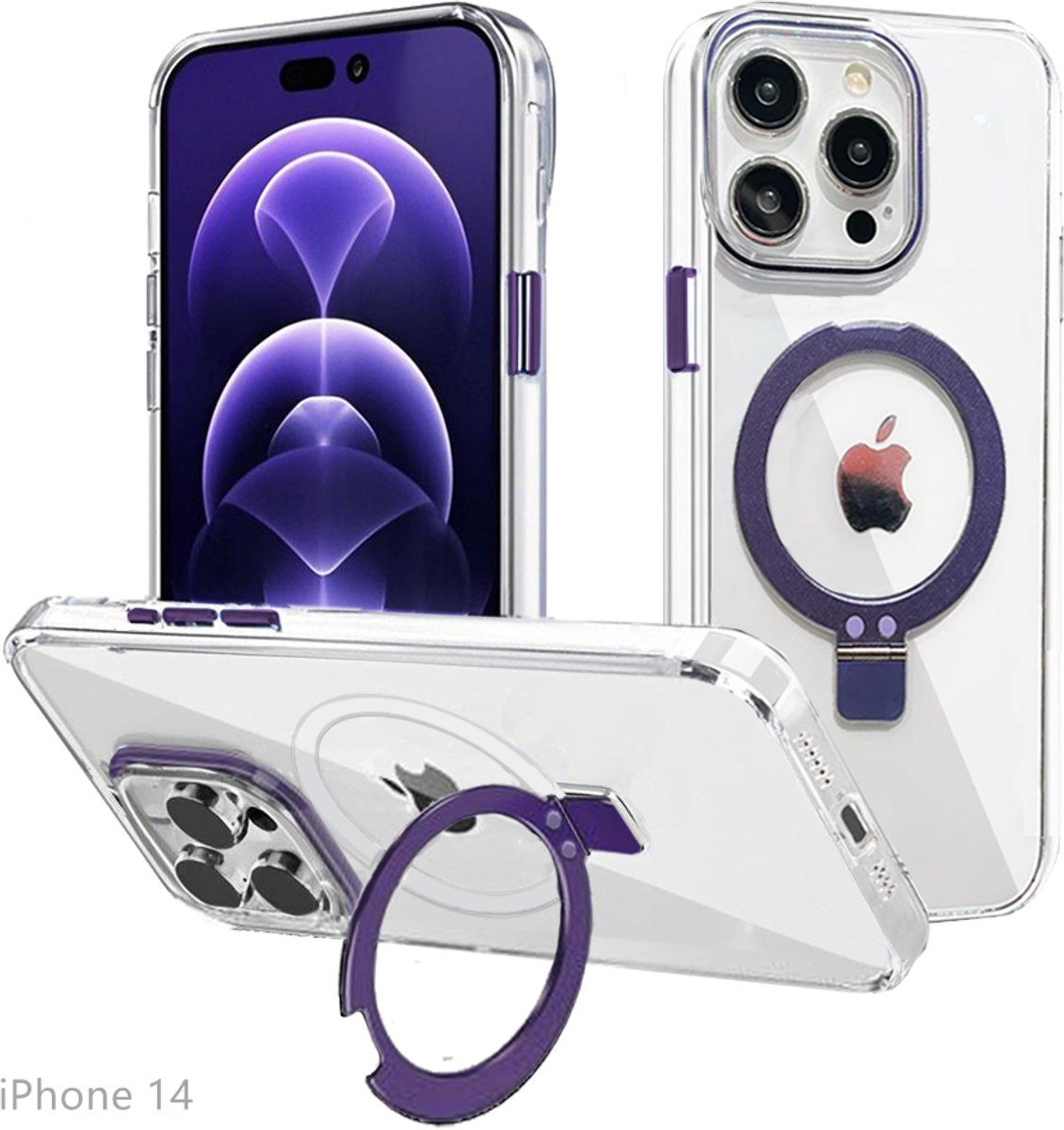 Hoesje voor iPhone 14, Compatibel met MagSafe, Magnetische Case met 360° Draaibare Standaard, Anti-Verkleuring Hoes, PC Lichtgewicht-Paars