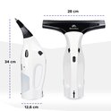 Afmetingen witte elektrische ruitenreiniger: 34 cm hoog, 28 cm breed, 12,6 cm diep.